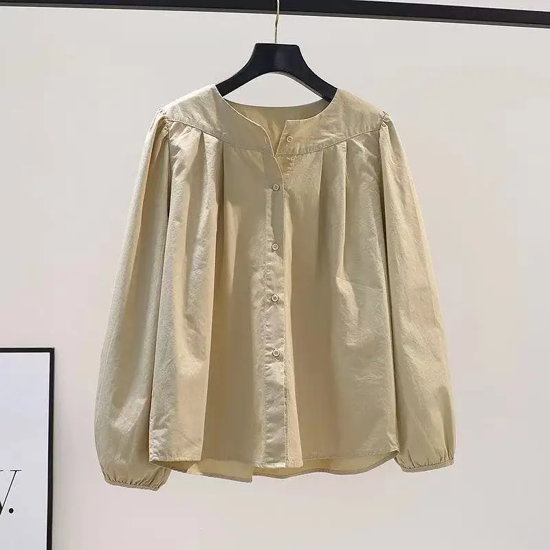 

Spring Autumn New Sle Loose Lantern Sve Cotton irt Women's round Ne Design Khaki Pleated Artistic Top Korean Sle L...