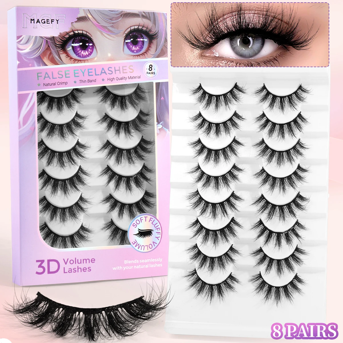 Magefy 8 pares naturais completos cílios postiços 3d cílios olho de gato extensão de cílios falsos para ampliar os olhos acessórios de beleza
