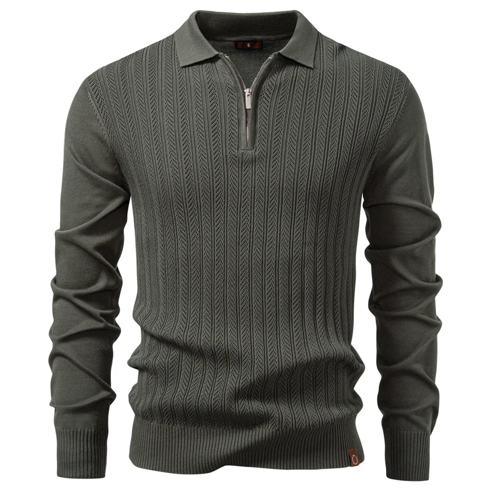 

New Autumn Jacquard Business Polo Shirts Luxury Half-zipper Knitted Polo Sweater Elastic Long Sleeve Pullover Premium Knitwear