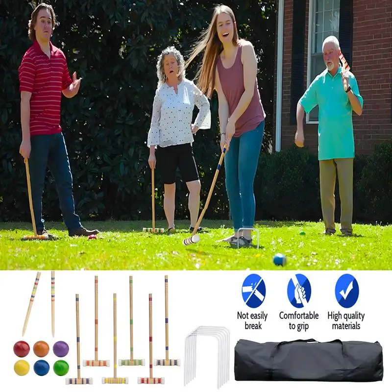 Jogo de croquet engraçado jogos de bola com bolas e saco de transporte portátil conjunto esportivo de madeira reutilizável kit de boliche de madeira para gramado