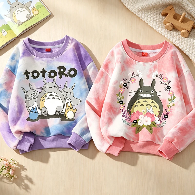 Totoro Tie-dye Round-neck Sweatshirt for Girls Anime Cartoon Printed Cute Sweater Children Spring Autumn Fashion Hoodies Gifts