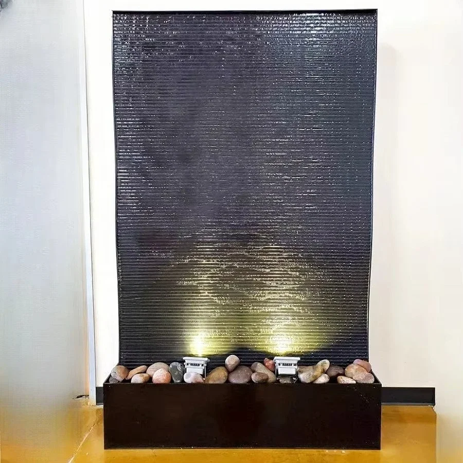 Modern Hotel Restaurant Garden Decoration Black Acrylic Waterfall Water Feature Wall with Light