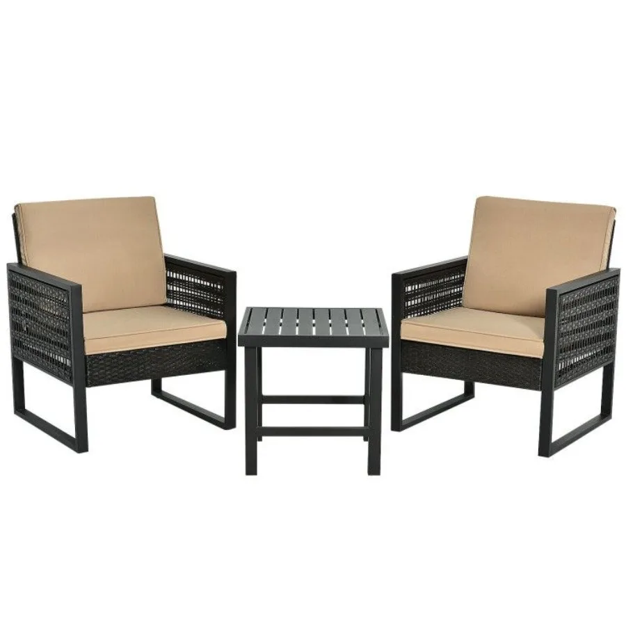 

3 Pieces Patio Rattan Bistro Cushioned Furniture Set