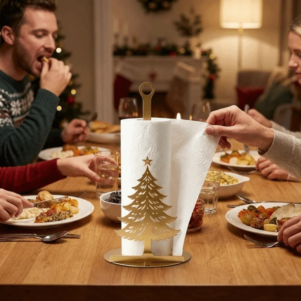 Iron Christmas Tree Shaped Tissue Holder Weighted Base Stable Kitchen Paper Holder Space-Saving Freestanding Roll Organizer