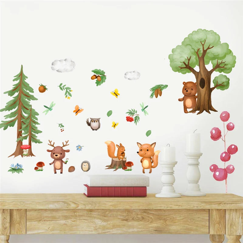 Woodland Animals Wall Stickers Cartoon Fox Bear Squirrel Peel & Stick Mural For Kids Bedroom Playroom Decoration Diy Home Decal