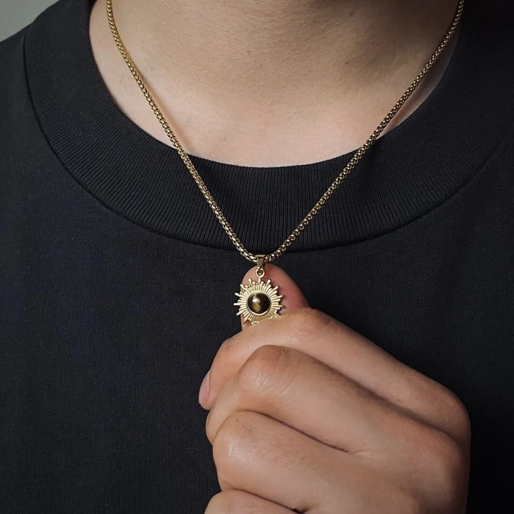 Retro-Sonnenblumen-Tigerauge-Anhänger-Halskette Hip-Hop Herren Lange Edelstahl-Pulloverkette Schmuck Mode-Accessoires – Detail 2