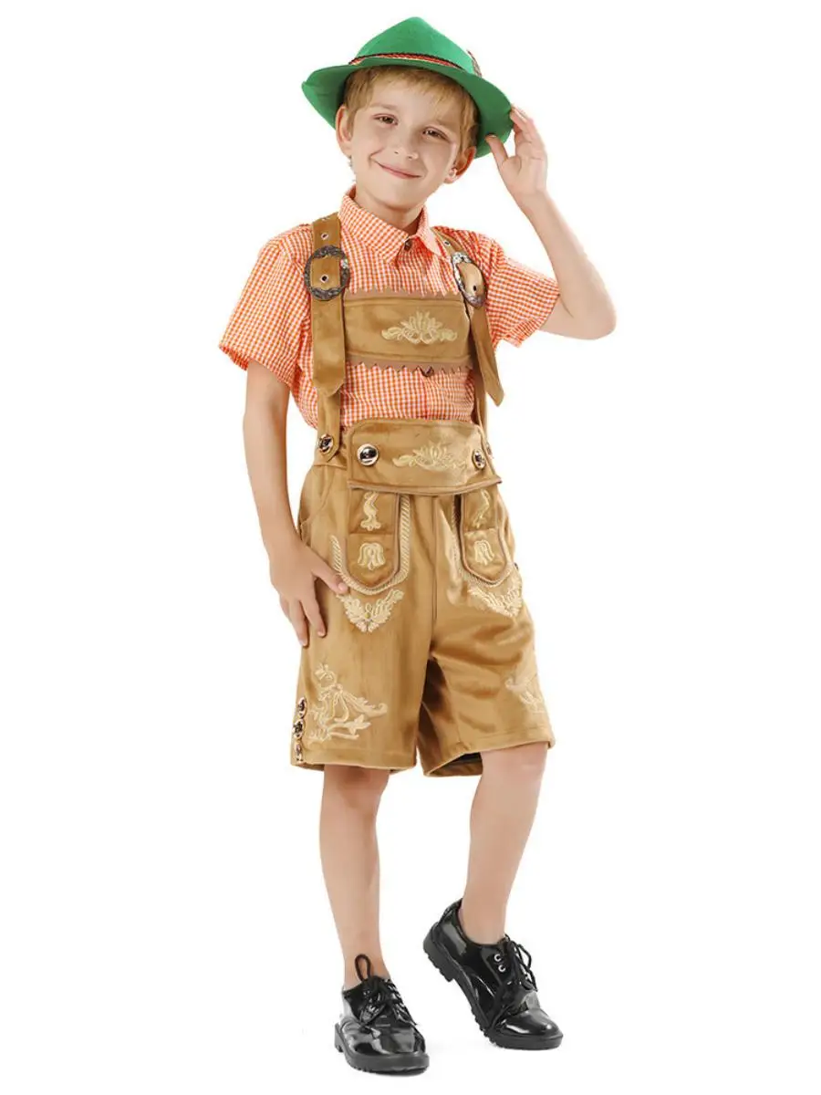 Recién llegado, conjunto de dos piezas con irt y monos a cuadros para niños, traje de Festival de Halloween y cerveza, Material de poliéster y algodón