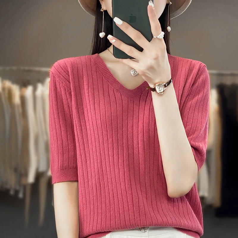 Spring And Summer New V-neck Short-Sleeved Women's Pullover Knitted Bottoming Shirt Half Sleeve Thin Solid Color Sweater