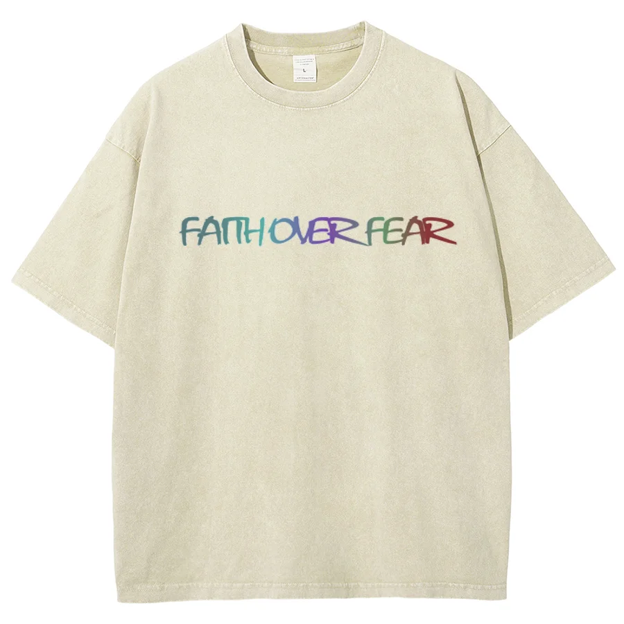 Faith Over Fear Y2k Washed Short Sleeves T-Shirt, Creative Printed Unisex Vintage Streetwear New Fashion Casual Tee Plus-Size