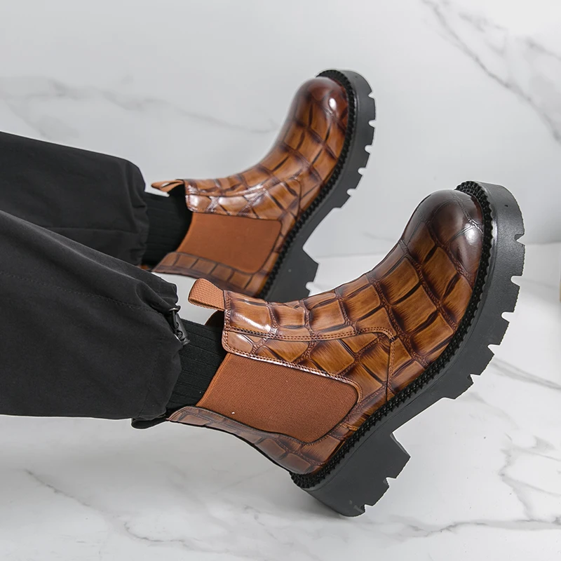 メンズチェルシーブーツ PUレザー ハイカット 両サイドゴム 厚底 無地 おしゃれ ビジネスブーツ