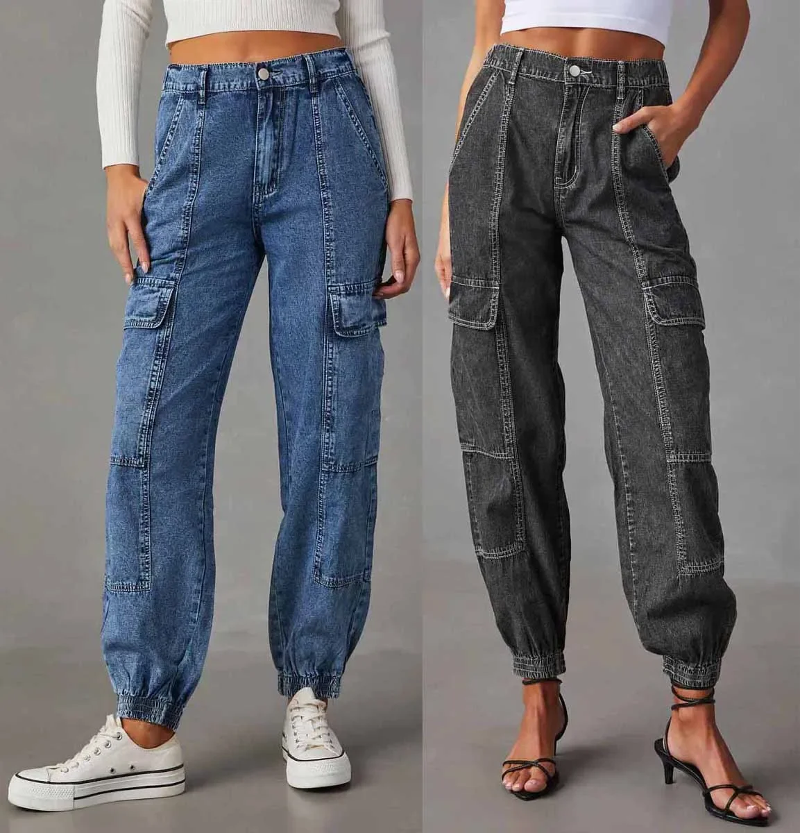 Women Solid Long Cargo Pants Casual Loose Button Elastic Waist Splice Autumn 2023 Regular Straight Denim Trousers Jeans