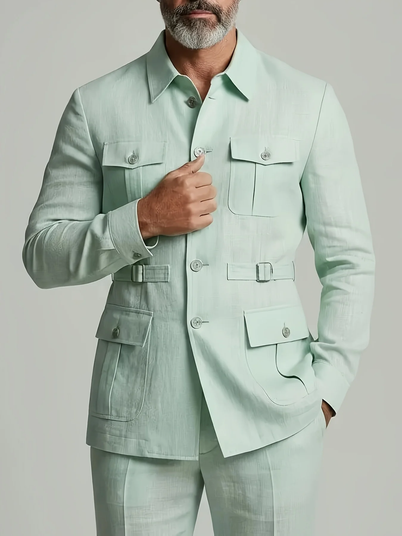 Men's Safari Blazer Point Collar Button Front Multi Pocket Long Sleeve Slim Casual Business Fashion Party Men Outerwear Jacket