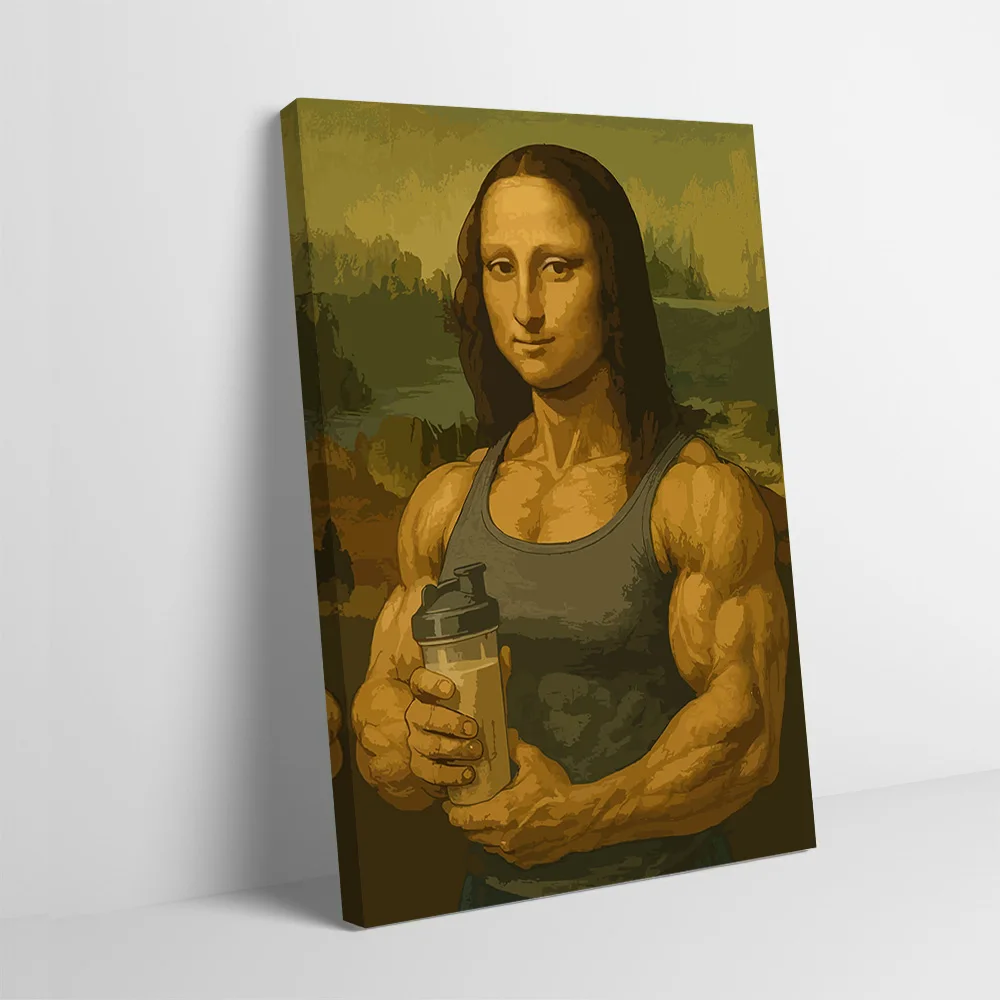 Muscular Mona Lisa With Protein Shake Printing Poster Customizable Pictures Wall Art Canvas Painting for Luxury Decoration Room