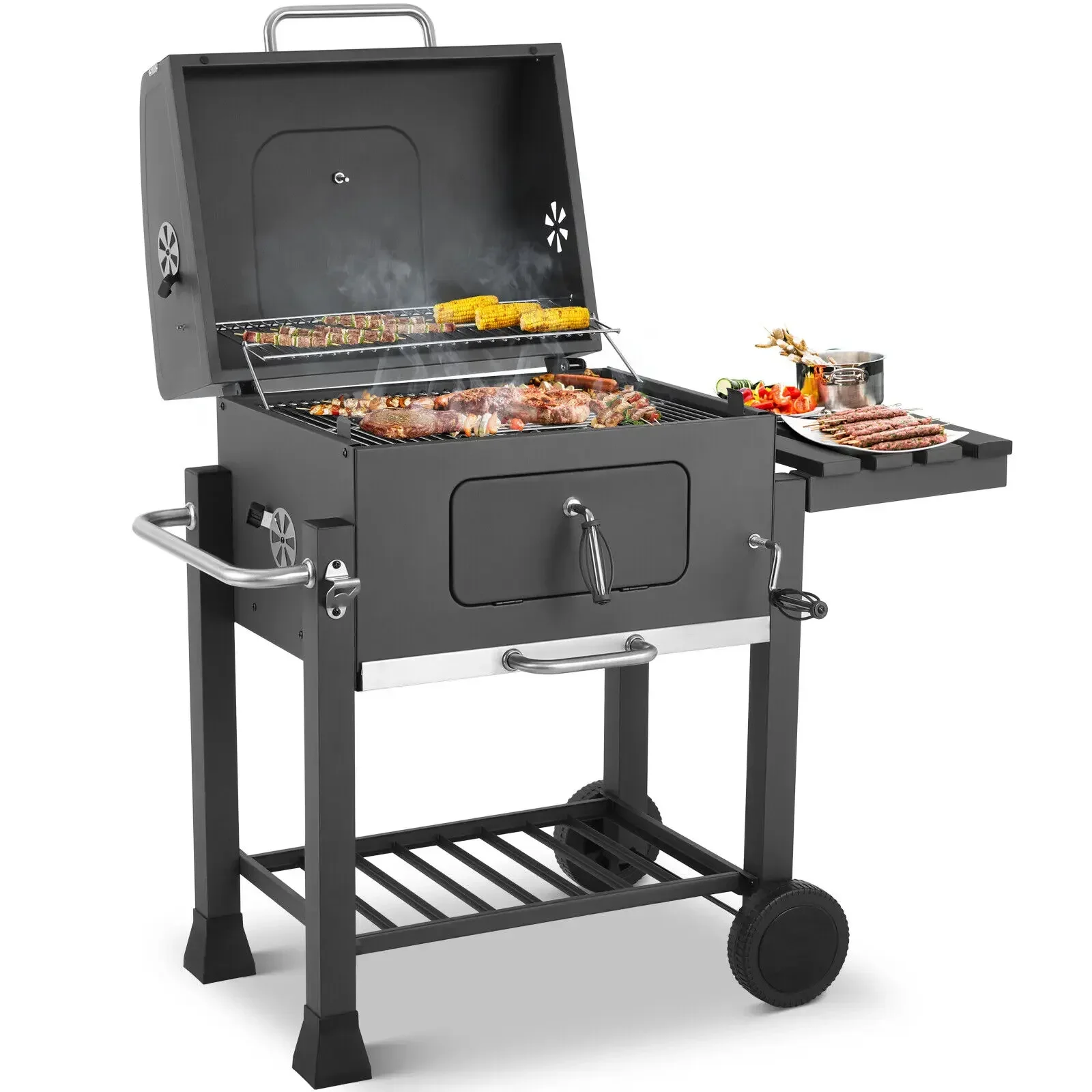 Grill Trolley Heavy Duty BBQ Charcoal Cart XXL, 116x55.7x100cm Charcoal Grill, Black with Opener, Pull-out Ashtray,Shelves,Hooks