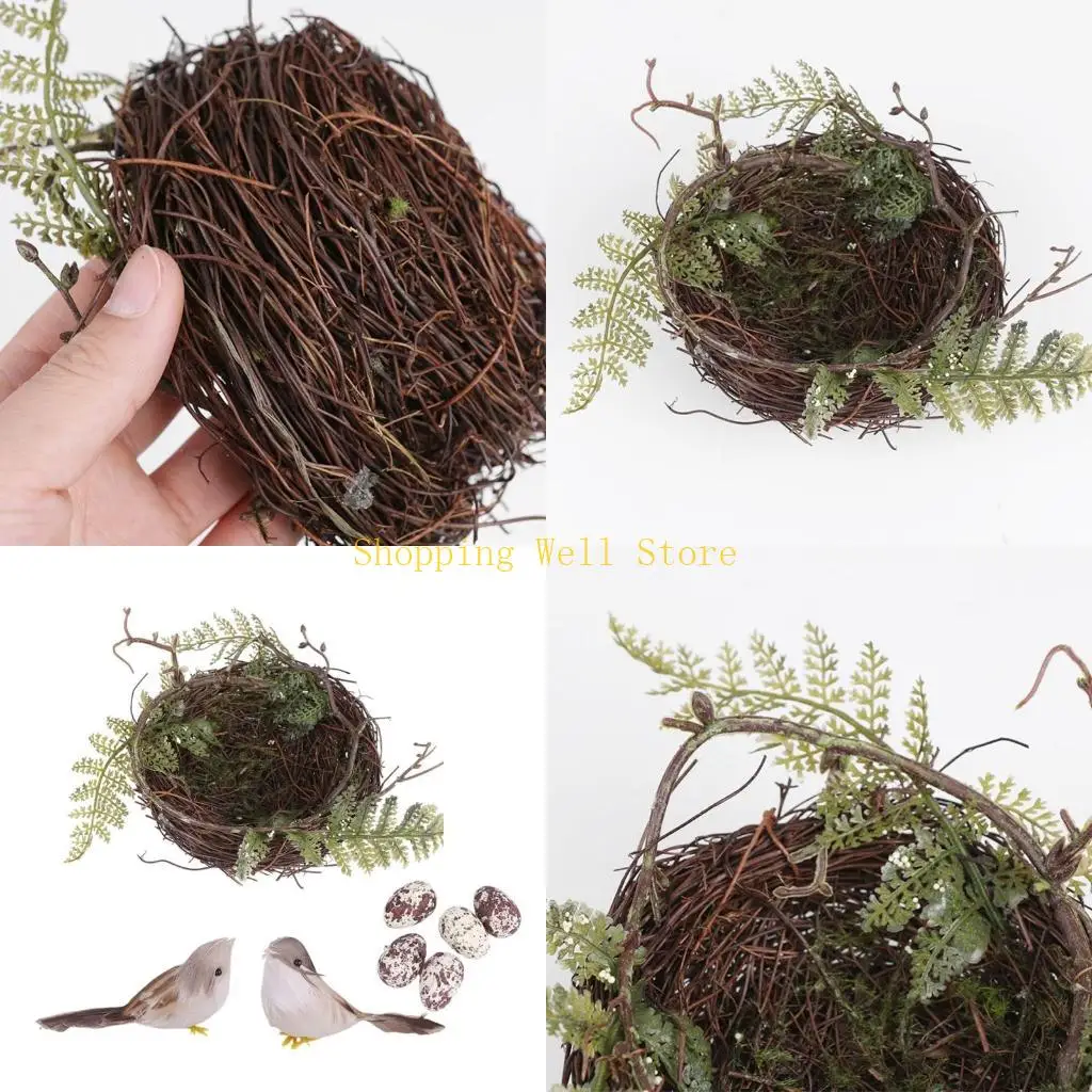 KX4B Bird Nest Decorations with Artificial Birds and Eggs for Home Photography Props