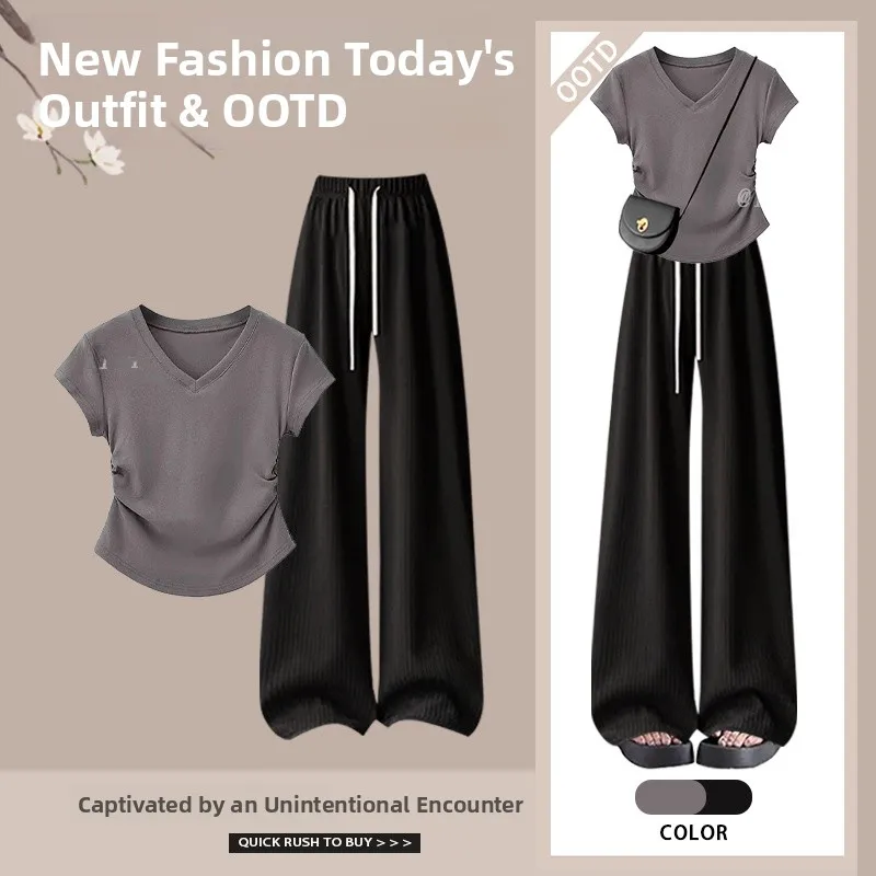 

Summer Fashion V-Neck Pleated Short Sleeve T-Shirt And Wide Leg Pants Casual Slimming Two-Piece Set Polyester Fiber Long Pants