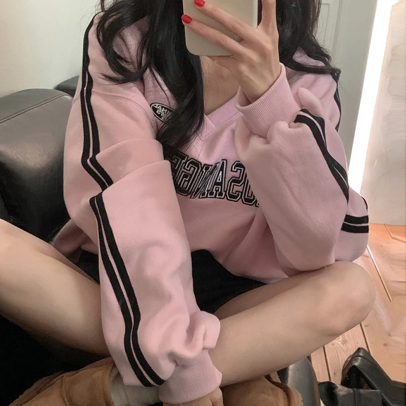 Chic Winter Sweet Unique V-neck Color Block Letter Print Design Loose Versatile Long Sleeve Hoodie Korean Sle Commute