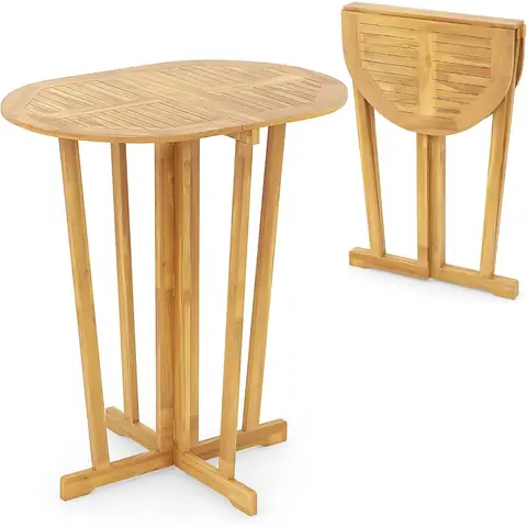 Outdoor Folding Bar Table, Teak Wood Bar Height Bistro Table with Oval Tabletop & Cross Base, High Top Cocktail Table for Patio