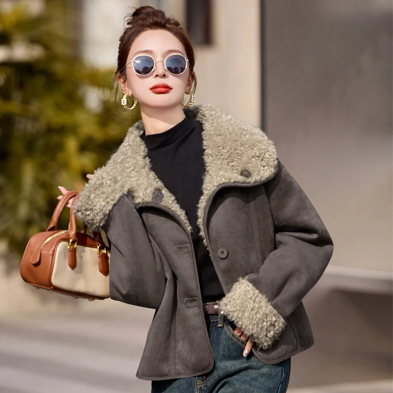 2024 Korean style lapel, two sided lambskin fur one-piece coat, women's suede warm top, deer suede motorcycle suit