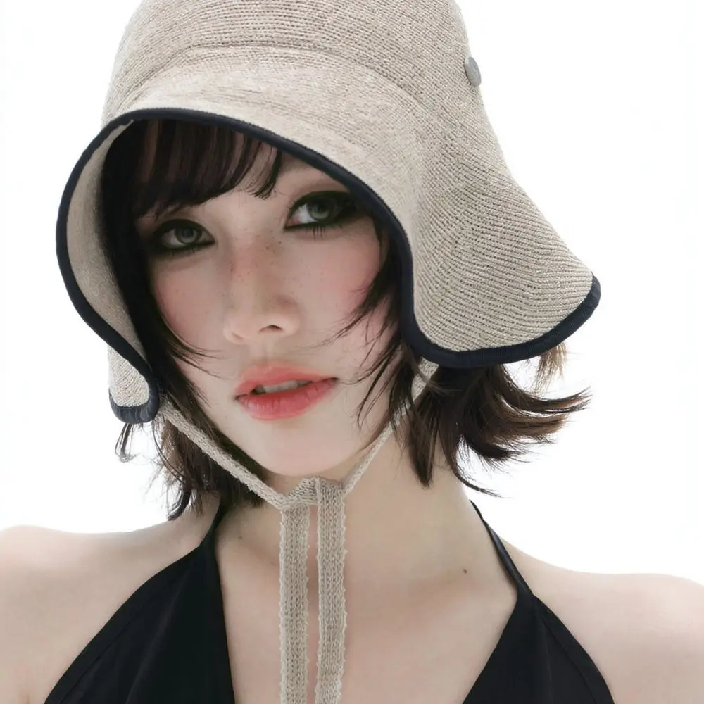 Women Summer Bucket Hat Retro Tie Up Sunshade Cap Foldable Cotton Fisherman Hat Elegant Casual Beach Vacation Headwear