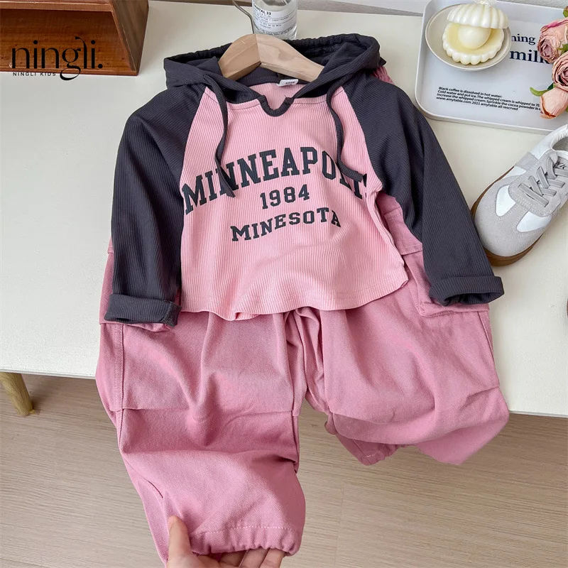 

NL-Girls' Suit Autumn New Style Children's Western Style HoodedTT-shirt Baby All-Match Casual Working Pants Two-Piece Set