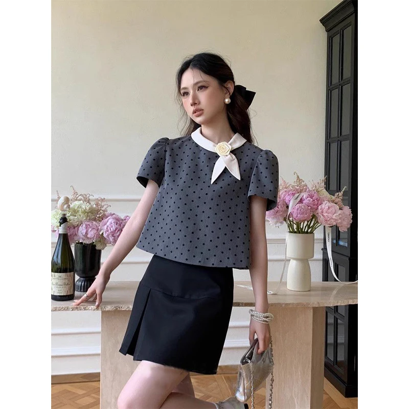 

Женские летние элегантные рубашки с короткими рукавами и круглым вырезом в горошек с бантом, женские модные офисные женские свободные тонкие топы