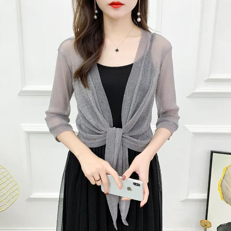 Women Summer Cardigan Sexy Thin Sunscreen Short Lace Jacket Fashion Bright Silk Half Sleeve Coat Femal Lace Up Solid Shawl Tops