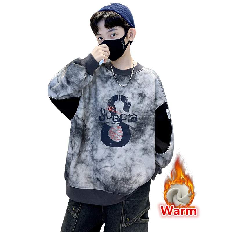 Korean Kids Winter Sweatshirts for Boys Teenager Thick Children's Clothing Cotton Tops Letter Print School Fleece-Lined Clothes