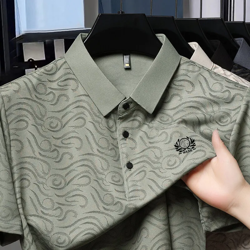 

Retro Print Short Sleeved Polo Shirts Men High-quality Slim Fit Casual Business Lapel T-shirts Business Versatile POLOS Tee Tops