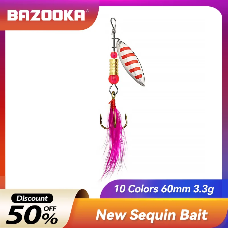 

Bazooka 60mm/3.3g Fishing Lure Metal Spinner Spoon Fishing Bass Lure Hard Baits Rotated Sequins Feathers Hook