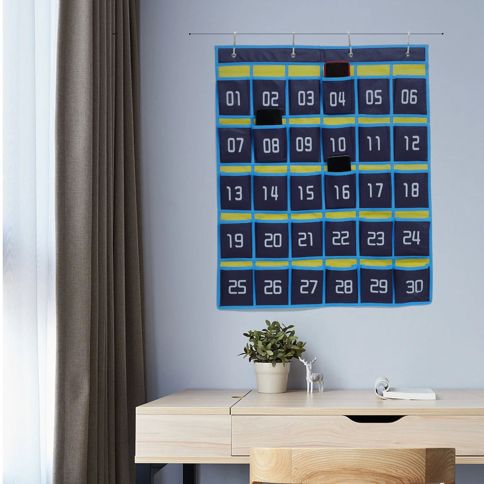 

30 Pockets Wall Hanging Organizer Bag Sturdy Phone Storage Pouch for Classroom Calculator Headphones Pocket Chart Holder Rack