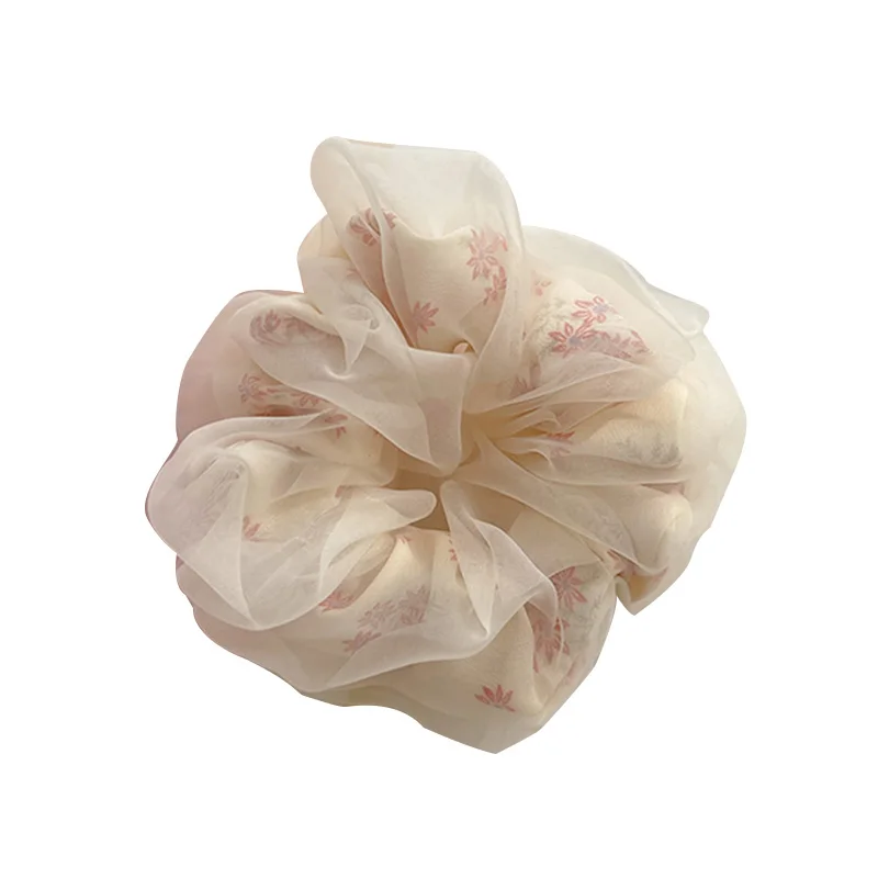 Hair Scrunchies Fashion Flower Print Double Layer Silk Organza Women Big Hair Rope Retro Ponytail Hair Band Elastic Hair Tie