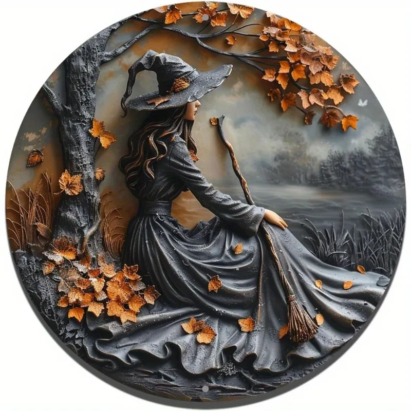 round-flat-aluminum-sign-for-hanging-wall-decor-door-accent-room-charm-enchanting-witch-broom-relief-artwork-2d-8in-e-118in