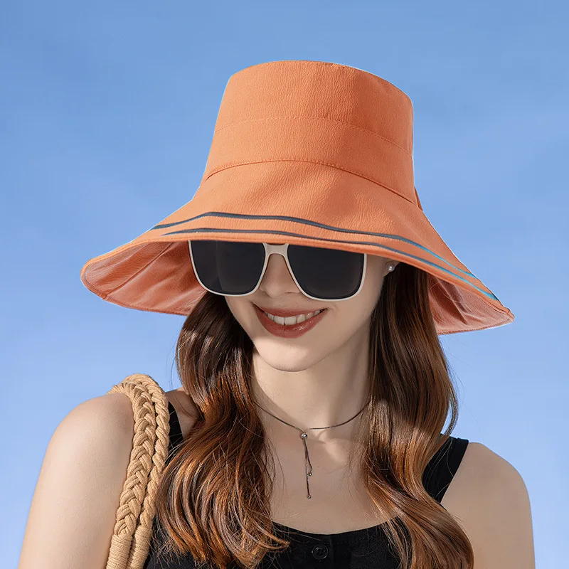 Women Summer Folding Bucket Hat for Beach Holiday Lady Spring Striped Bowler for Outdoor Sunscreen Elegant Sun Protection Cap