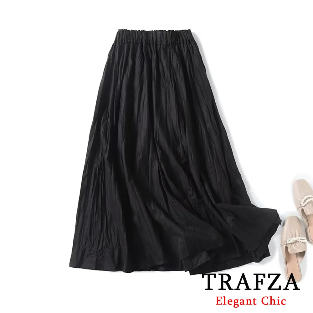 TRAFZA French Luxury Black Linen Midi Women Skirt Fashion 2024 Summer Pleated Drawstring Elastic Waist Skirt Minimalist Skirt