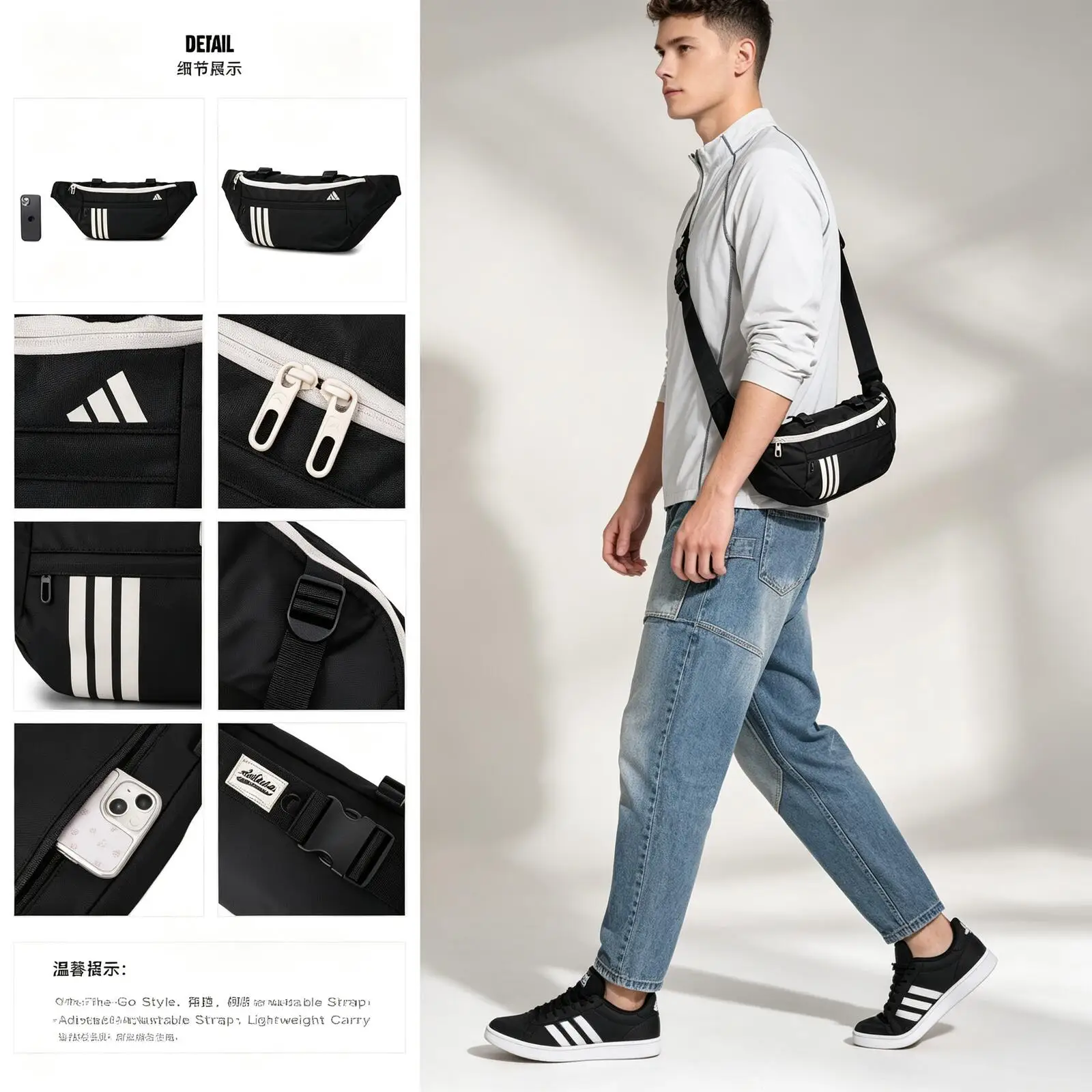 New Adidas Originals Men Black Crossbody Bag Classic Logo Compact Size Adjustable Strap Zipper Closure Casual Daily Shoulder