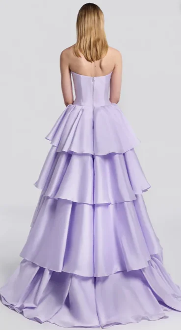 Light Purple Strapless Satin Gown Three Bows Corset Bodice Tier Ruffle High Low Train Wedding Guest Prom Dress