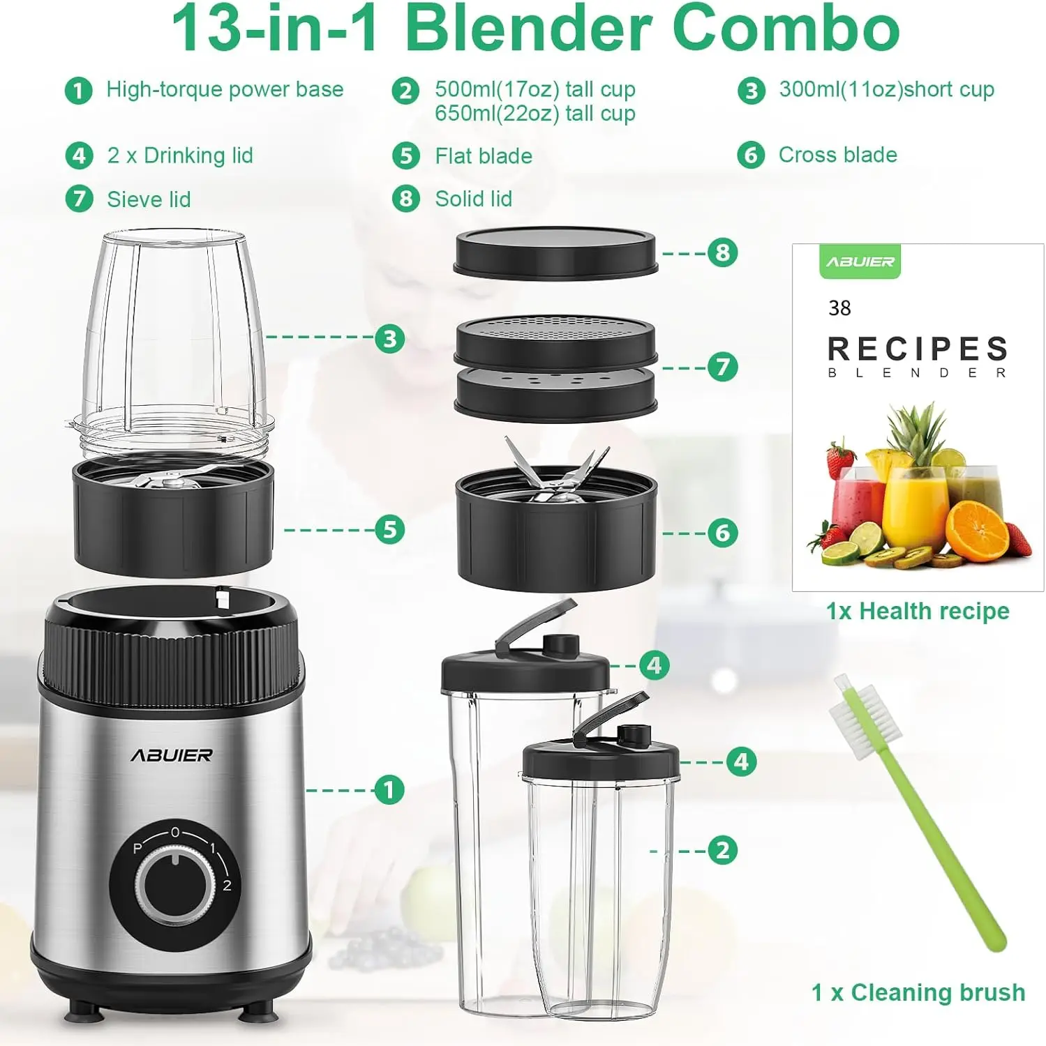 خلاط عصائر 1200 واط، خلاط شخصي للمخفوقات والعصائر، 13 قطعة مع خلاط محمول بكوب 22 أونصة للمطبخ Sm