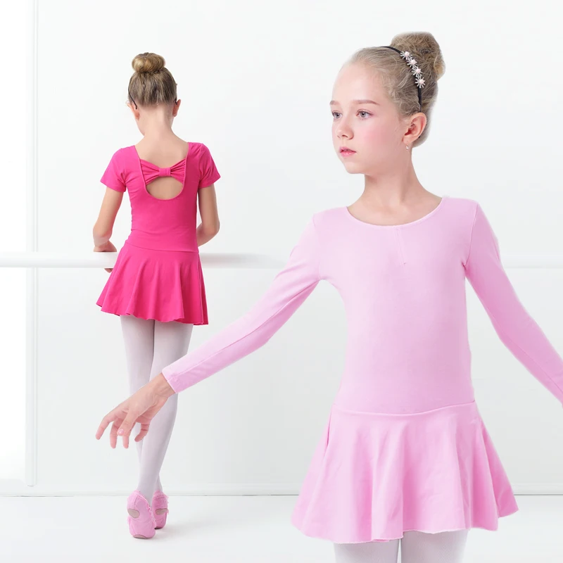 Dziewczęce trykoty baletowe Bowknot sukienka do tańca dziecięce trykoty gimnastyczne z długim rękawem różowa bawełniana dziecięca gimnastyka body sukienka
