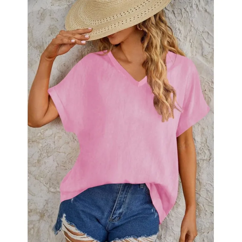 

Summer Elegant Solid Cotton Linen Blouses For Women 2024 New Fashion Women's Summer Loose Half Sleeve Blusas Casual Simple Shirt