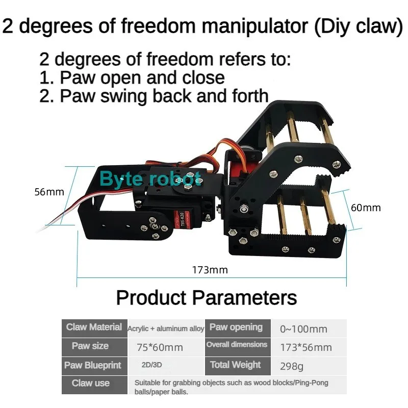 Открывающий коготь 0-100 мм, 2 Dof, механический захват для рук, ШИМ-сервоуправление, обслуживание, комплект «сделай сам», программируемые аксессуары для роботов