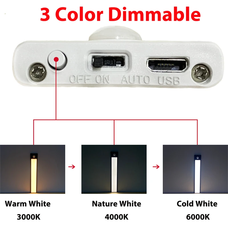 Night Light Motion Sensor LED Lamp PIR Under Cabinet Light USB Rechargeable Magnetic Lamp 3 Color Stepless Dimming Nightlight