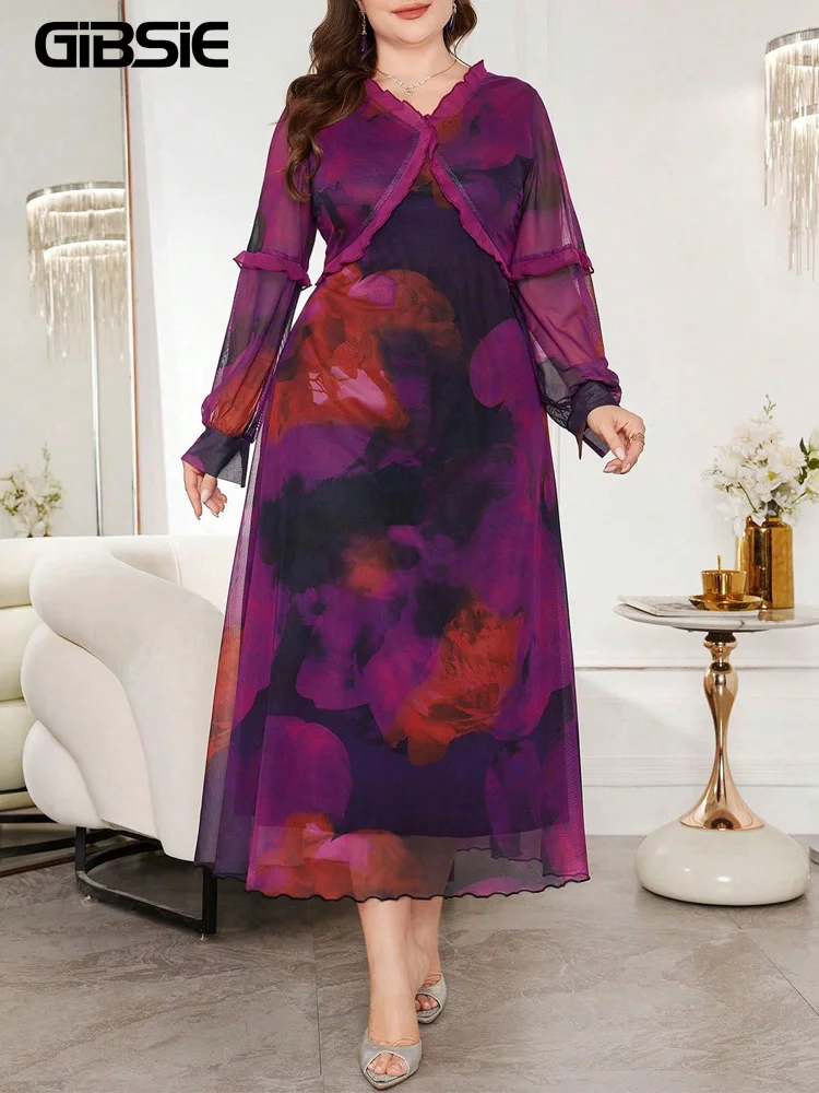 GIBSIE Plus Size Frill Trim V-Neck Tie Dye Mesh Long Dress Women's Elegant Long Sleeve Vacation Party A-Line Dresses 2026 New