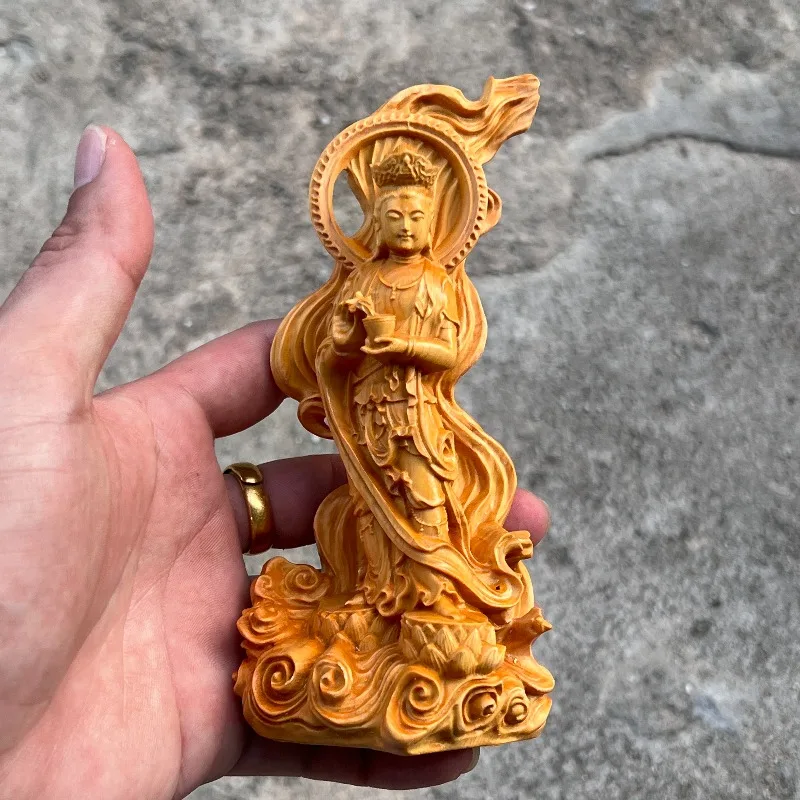 Hand-Carved Cypress Wood Guanyin Statue - 6.3