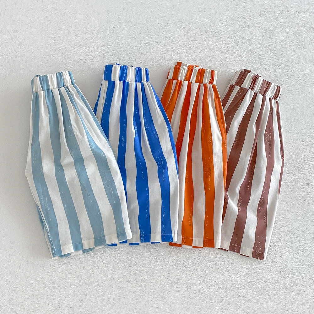 Boy's Stripe Shorts Summer Elastic Waist Casual Capri Pants for Boys with Pockets Casual Toddler Trousers Children Clothes 1-7t