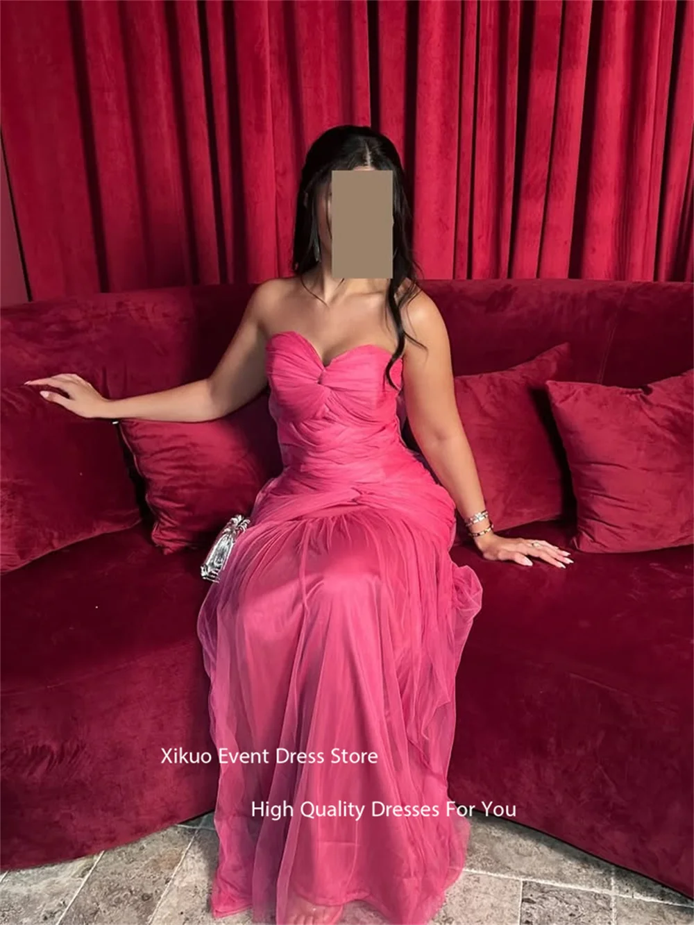 Xikuo Gaun Malam Tulle Romantis Gaun Prom Pesta Koktail Korset Ruched Wanita Musim Panas Jubah Sweetheart A Line Disesuaikan