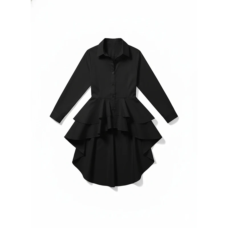 

UOOZEE Office Lady Black White High-Low Cotton Lapel Shirts Tops Women Long Sleeves Buttoned Falbala Pleated Casual Blouses