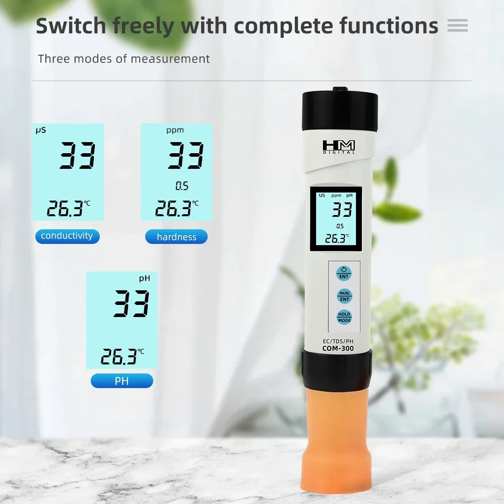 COM-300 Water Quality Digital Measurement Tools  4 in 1 TDS EC Temp PH Meter for Waterproof Testing Device