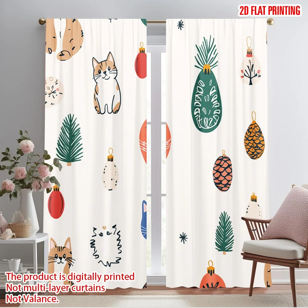 2pcs,2D plane printing Window Curtain Christmas Tree Ornaments Collection (2) Versatile Polyester (without rod) Gifts Use for
