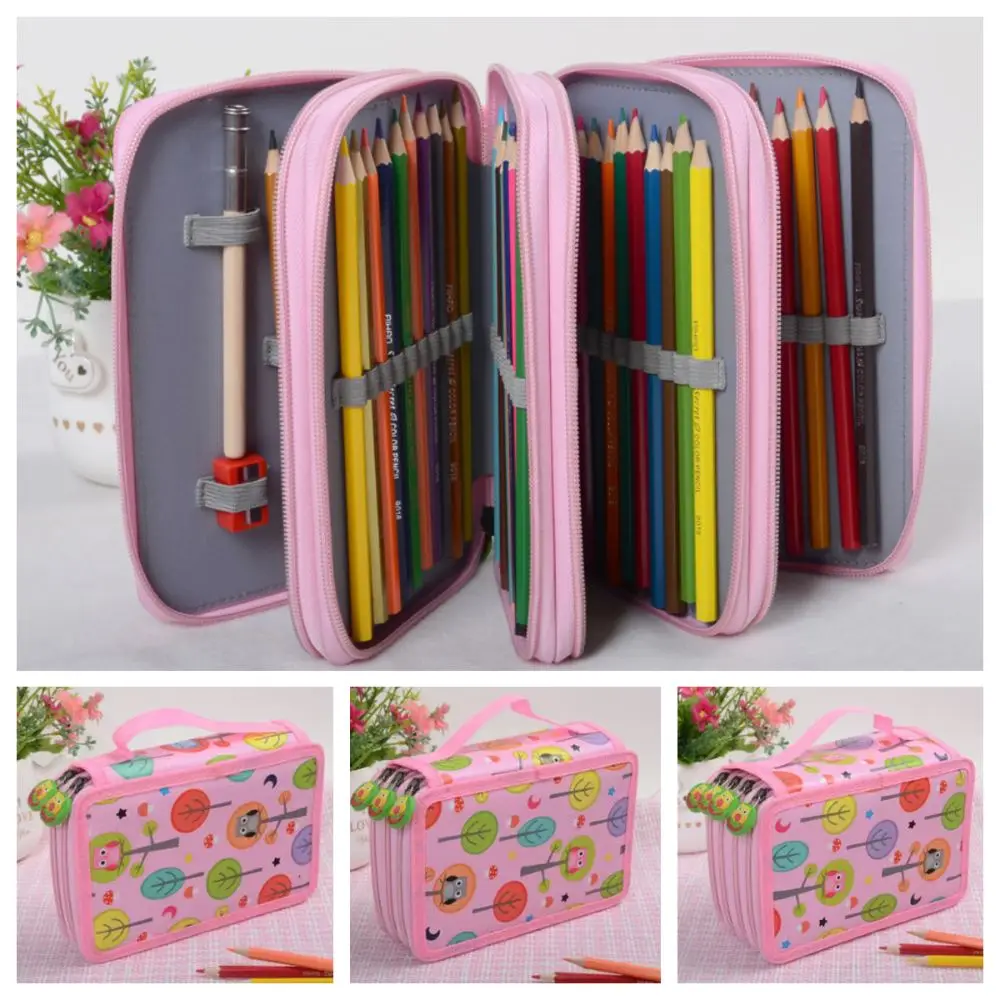 

32/52/72 Hole Sketch Pencil Case Cartoon Zipper Closure Pen Storage Bag Multiple Compartments Large Capacity